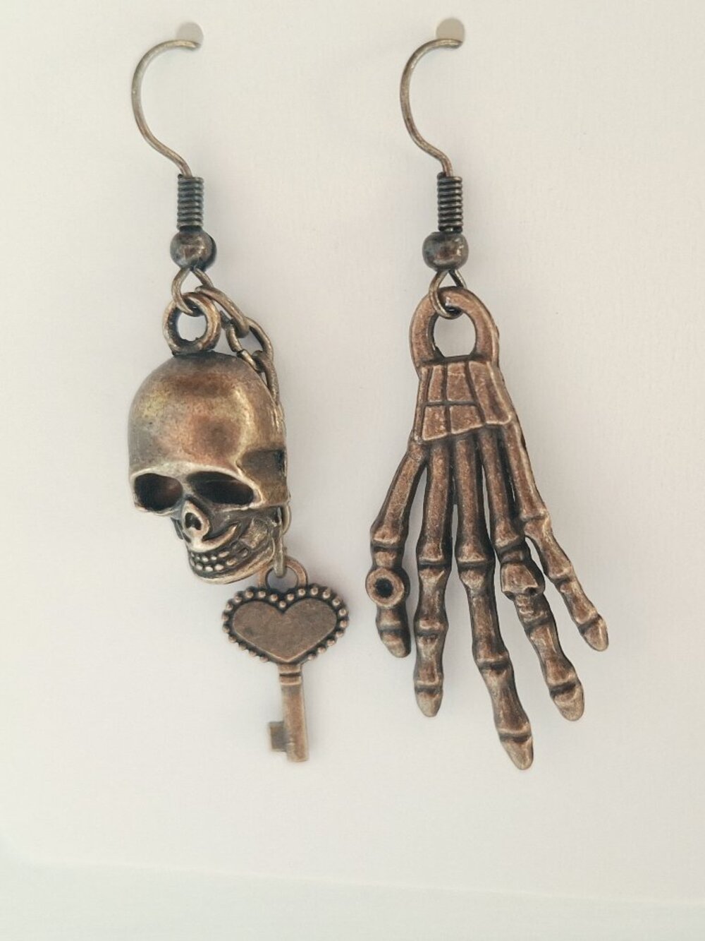 Bronze Skull & Skeleton Hand Mismatched Earrings with Heart Key Charm